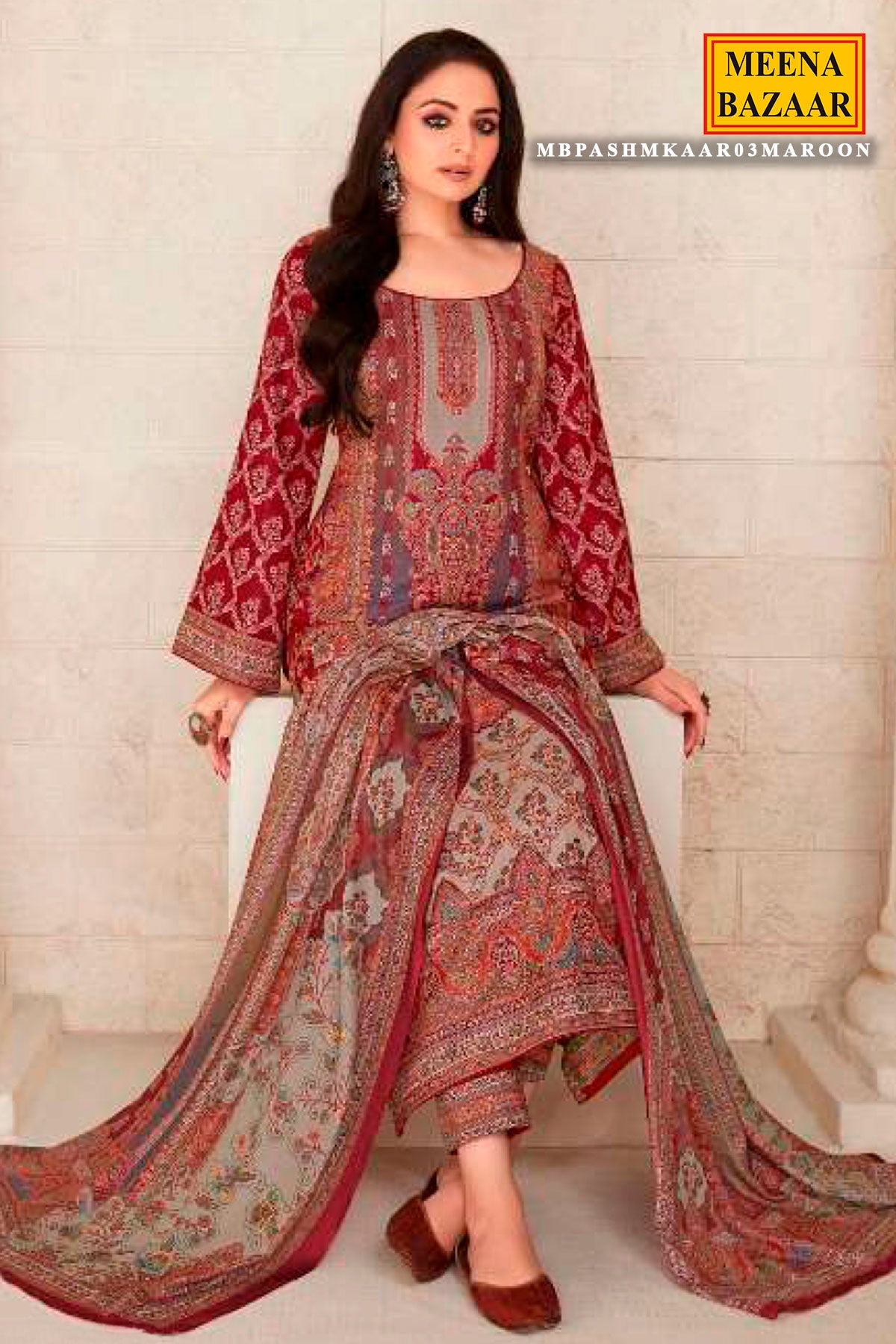 Maroon Pashmina Silk Floral Weave Suit Set