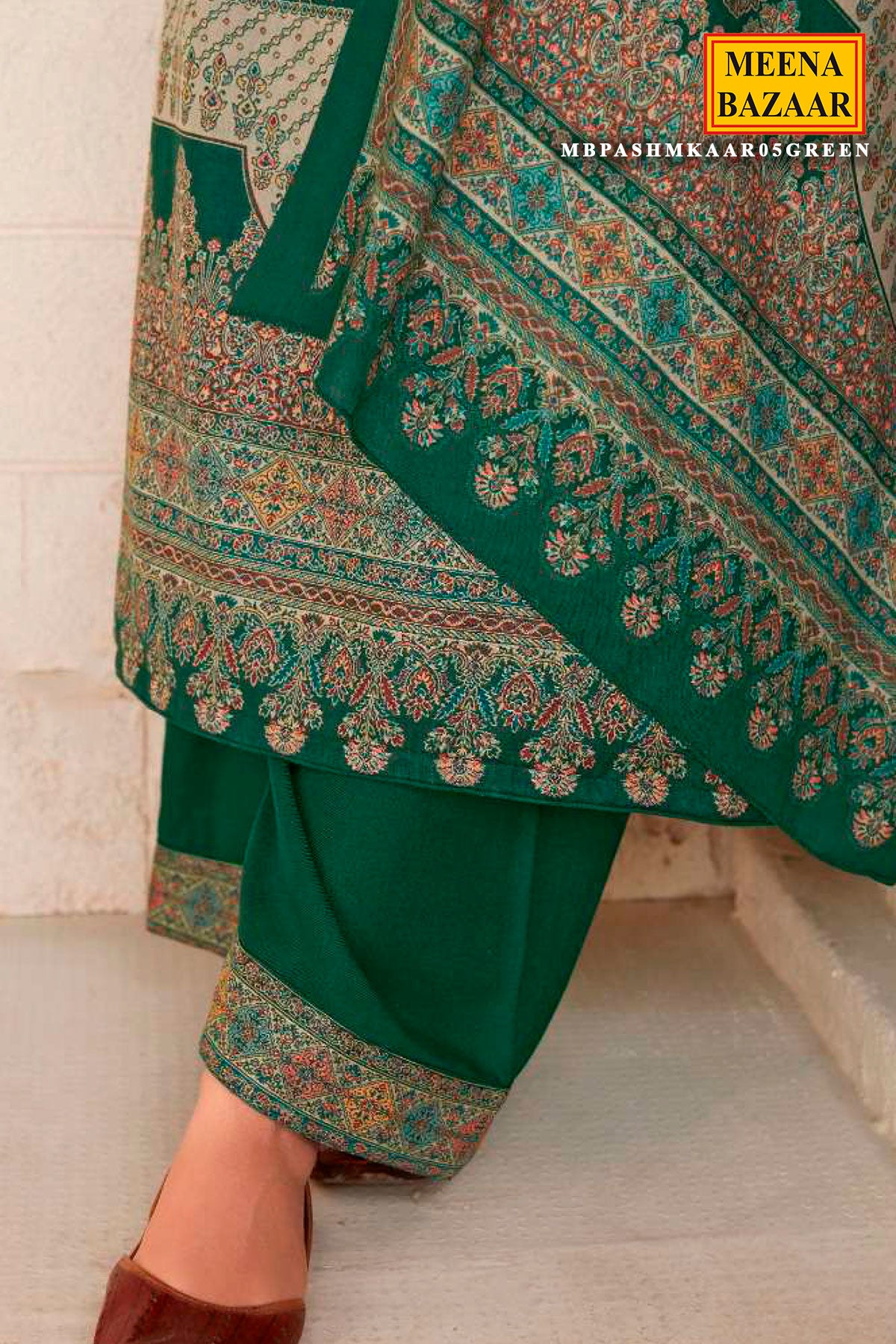 Green Pashmina Silk Floral Weave Suit Set