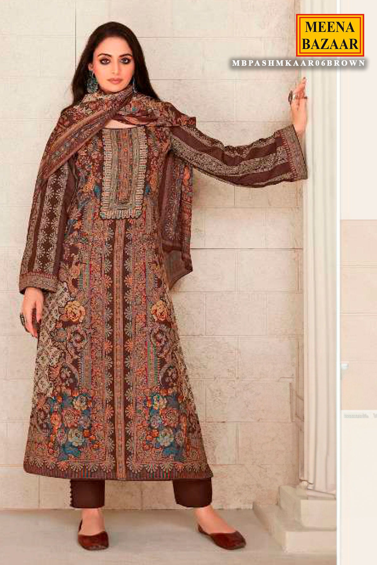 Brown Pashmina Floral Weave Suit Set