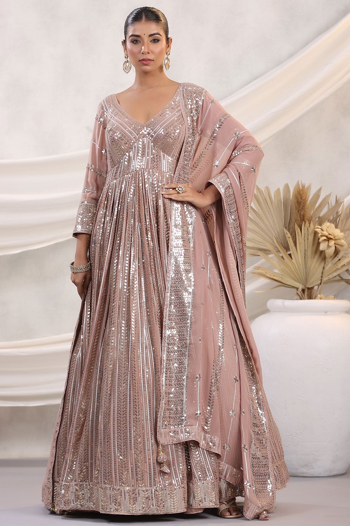 Mauve Georgette Sequins Embroidered Floor Length Anarkali Gown with Dupatta