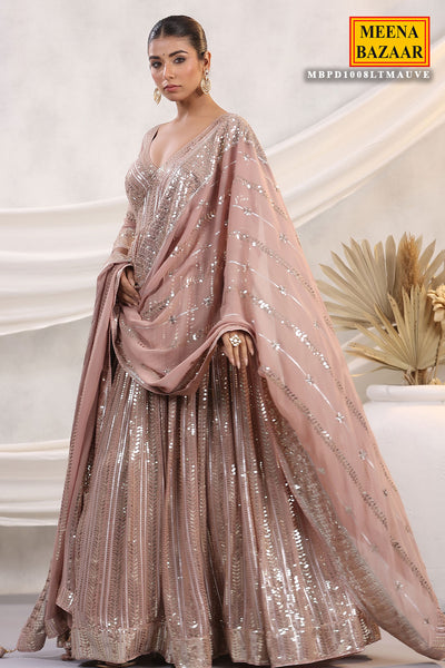 Mauve Georgette Sequins Embroidered Floor Length Anarkali Gown with Dupatta