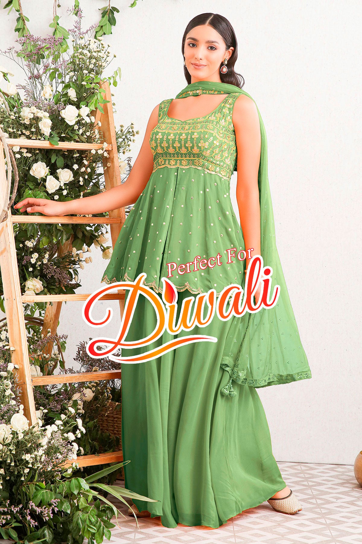 Green Georgette Embroidered Sharara Suit