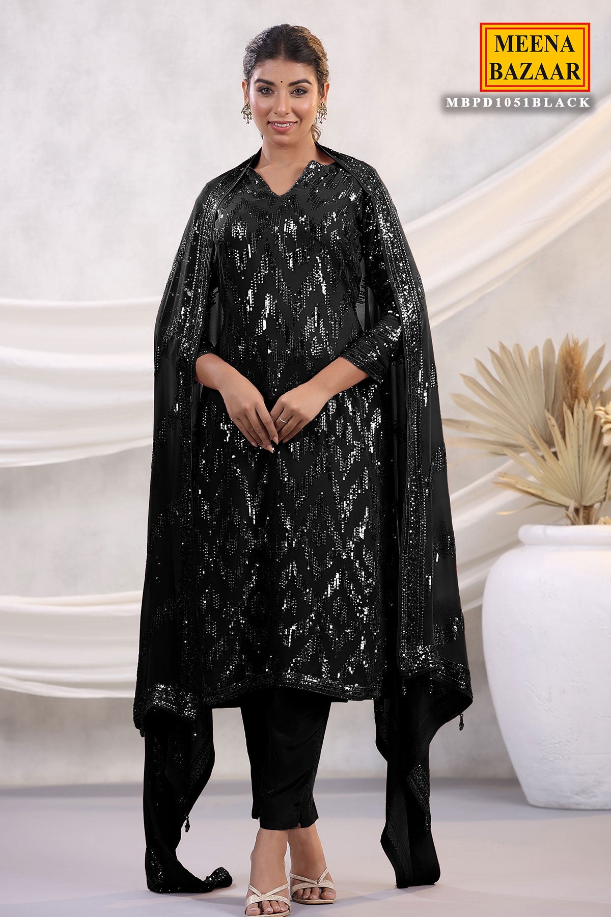 Black Georgette Sequins Embroidered Suit