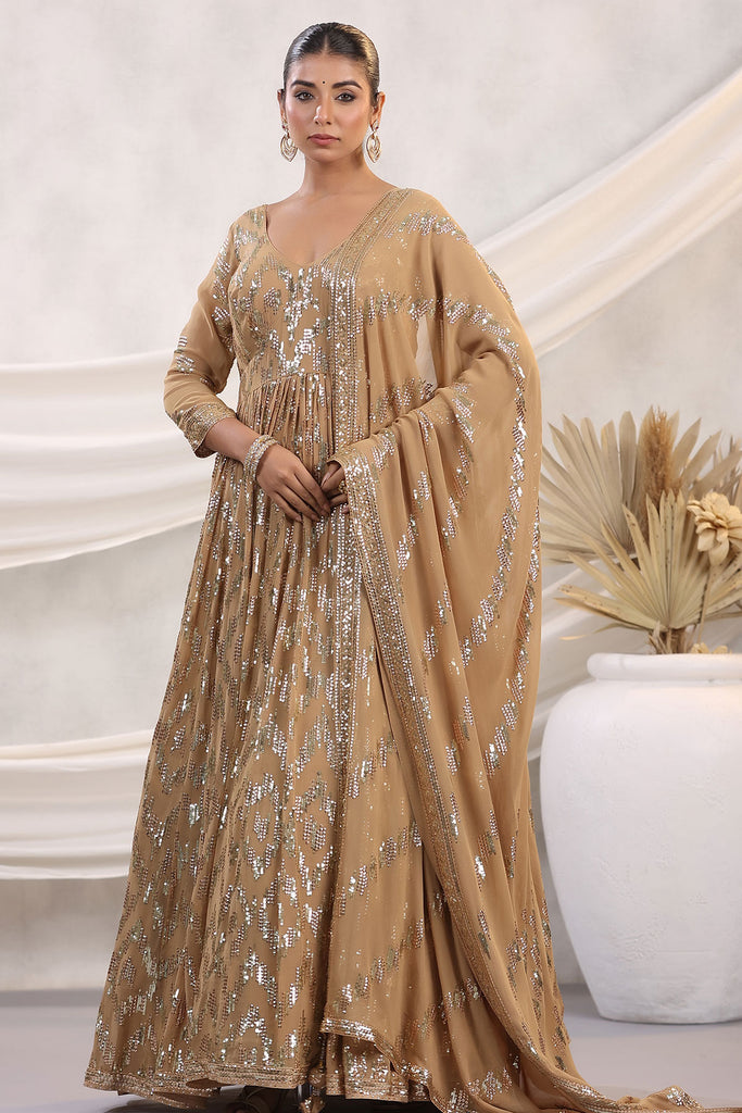Buy Rose Gold Embroidery Work Net Anarkali Suit Online