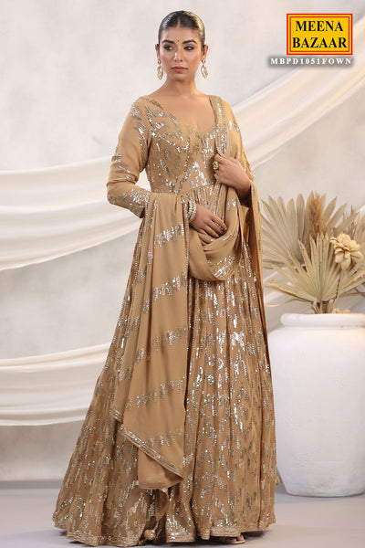 Fawn Georgette Sequins Embroidered Floor Length Anarkali Gown with Dupatta