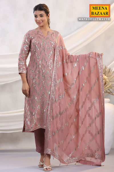Mauve Georgette Sequins Embroidered Suit