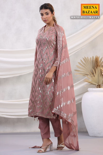 Mauve Georgette Sequins Embroidered Suit