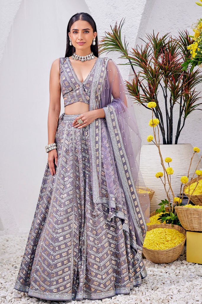 Grey Sequins Embroidered Georgette Lehenga Set – Meena Bazaar