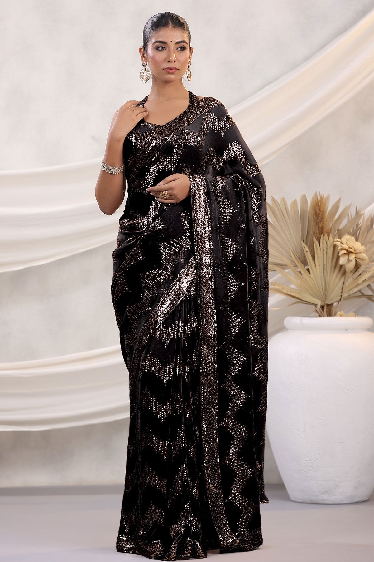 Black Georgette Sequins and Thread Embroidered Saree