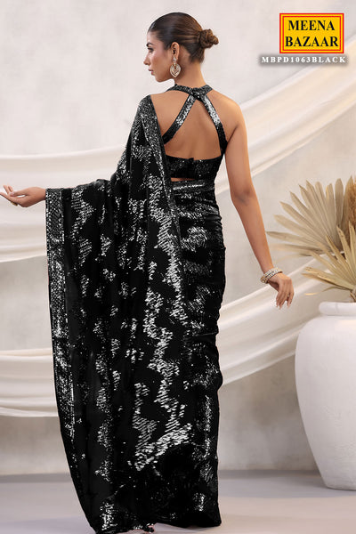 Black Georgette Sequins and Thread Embroidered Saree