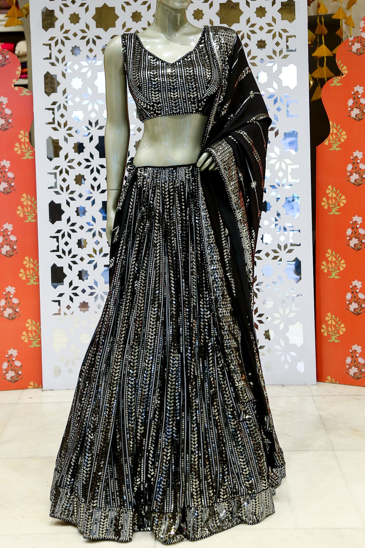 Black Georgette Sequins Embroidered Lehenga