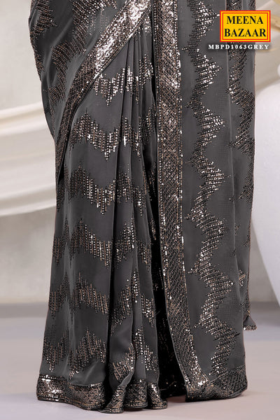 Grey Georgette Sequins and Thread Embroidered Saree