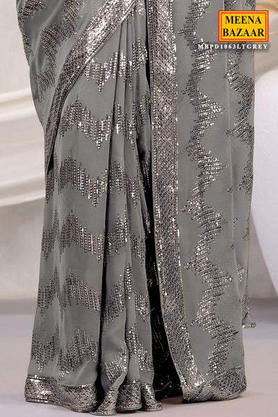 Light Grey Georgette Sequins and Thread Embroidered Saree