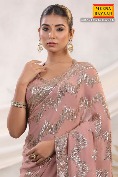 Mauve Georgette Sequins and Thread Embroidered Saree
