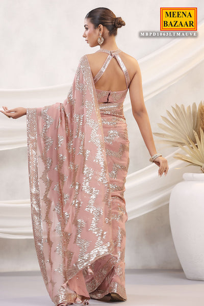 Mauve Georgette Sequins and Thread Embroidered Saree