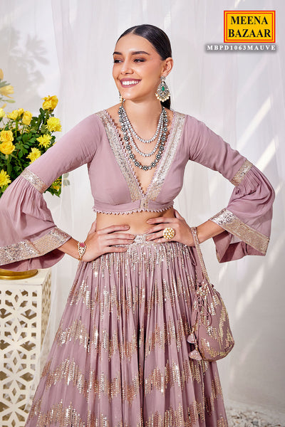 Mauve Georgette Bell Sleeves Top with Sequins Embroidered Skirt Set