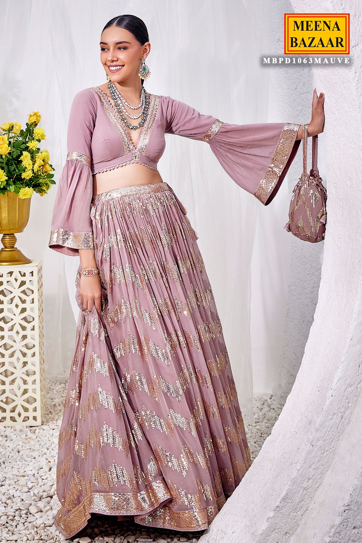 Mauve Georgette Bell Sleeves Top with Sequins Embroidered Skirt Set