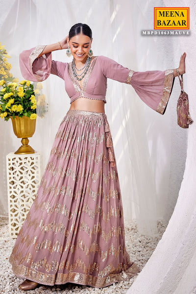 Mauve Georgette Bell Sleeves Top with Sequins Embroidered Skirt Set