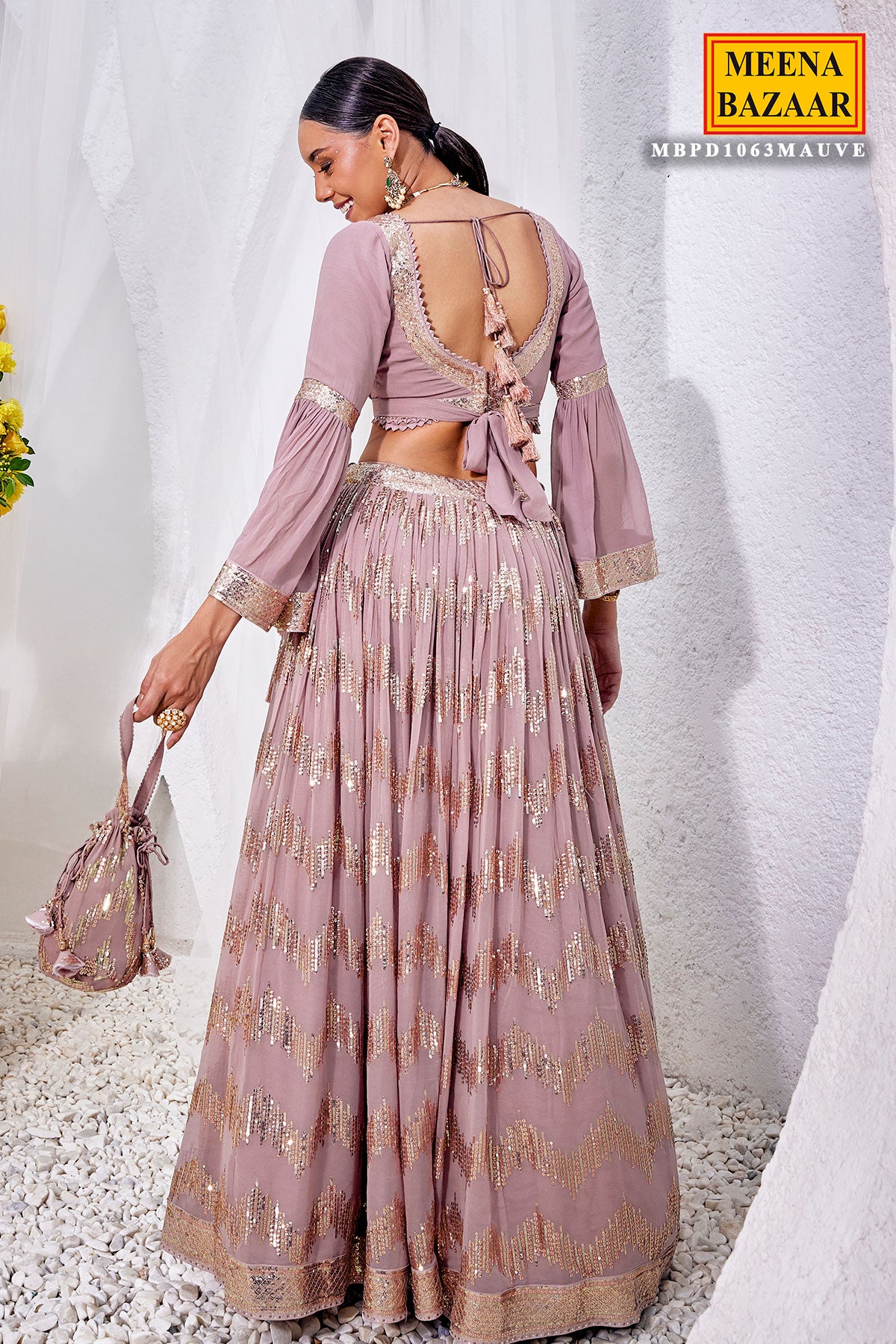 Mauve Georgette Bell Sleeves Top with Sequins Embroidered Skirt Set