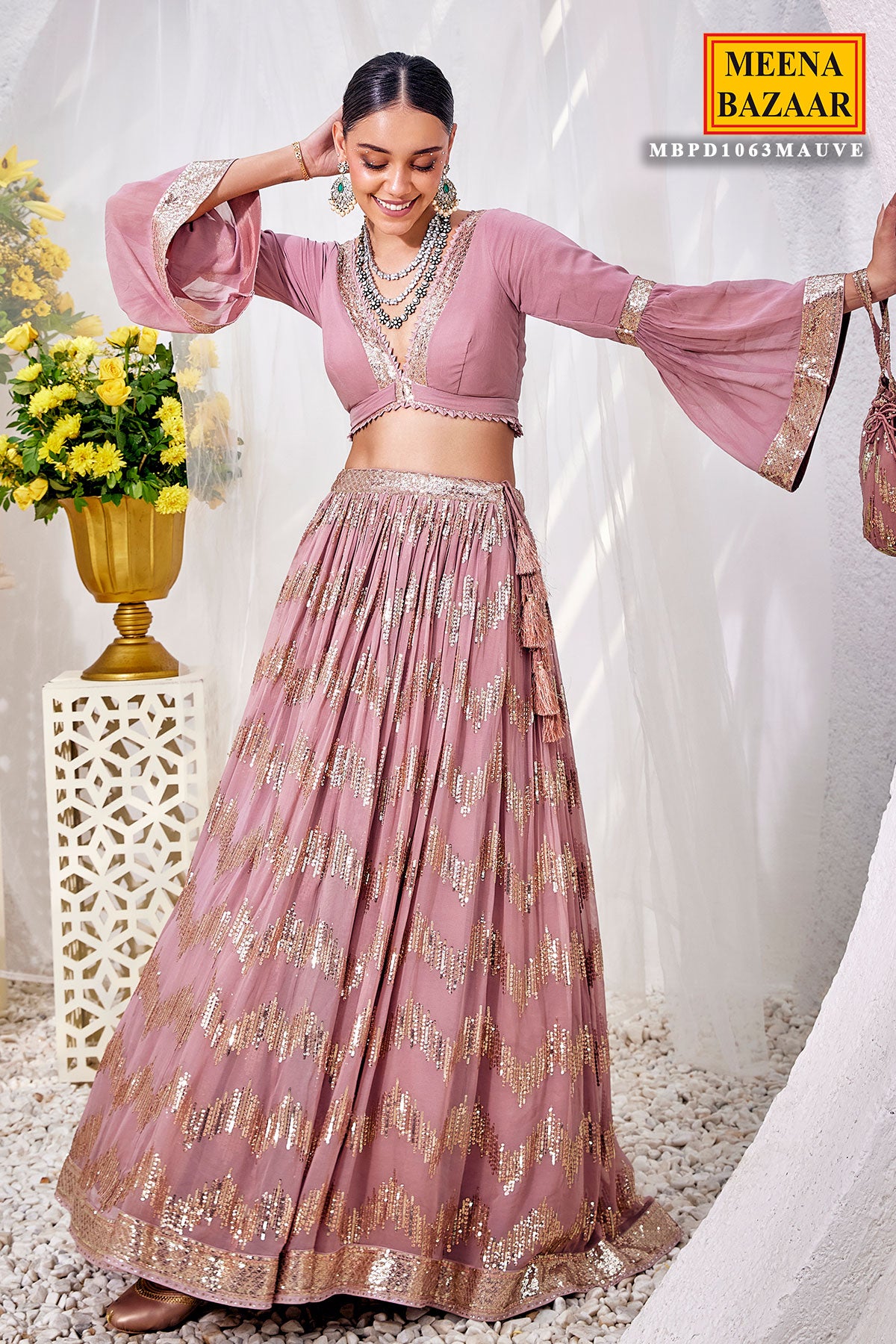 Mauve Georgette Bell Sleeves Top with Sequins Embroidered Skirt Set
