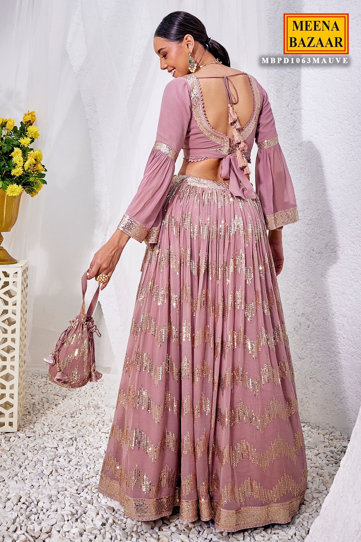 Mauve Georgette Bell Sleeves Top with Sequins Embroidered Skirt Set
