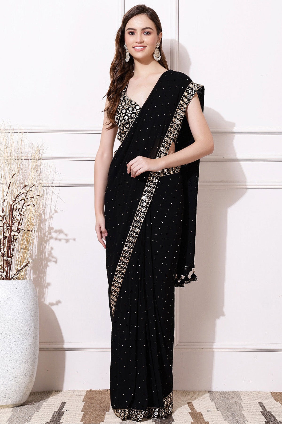 Black Georgette Mirror Work Saree