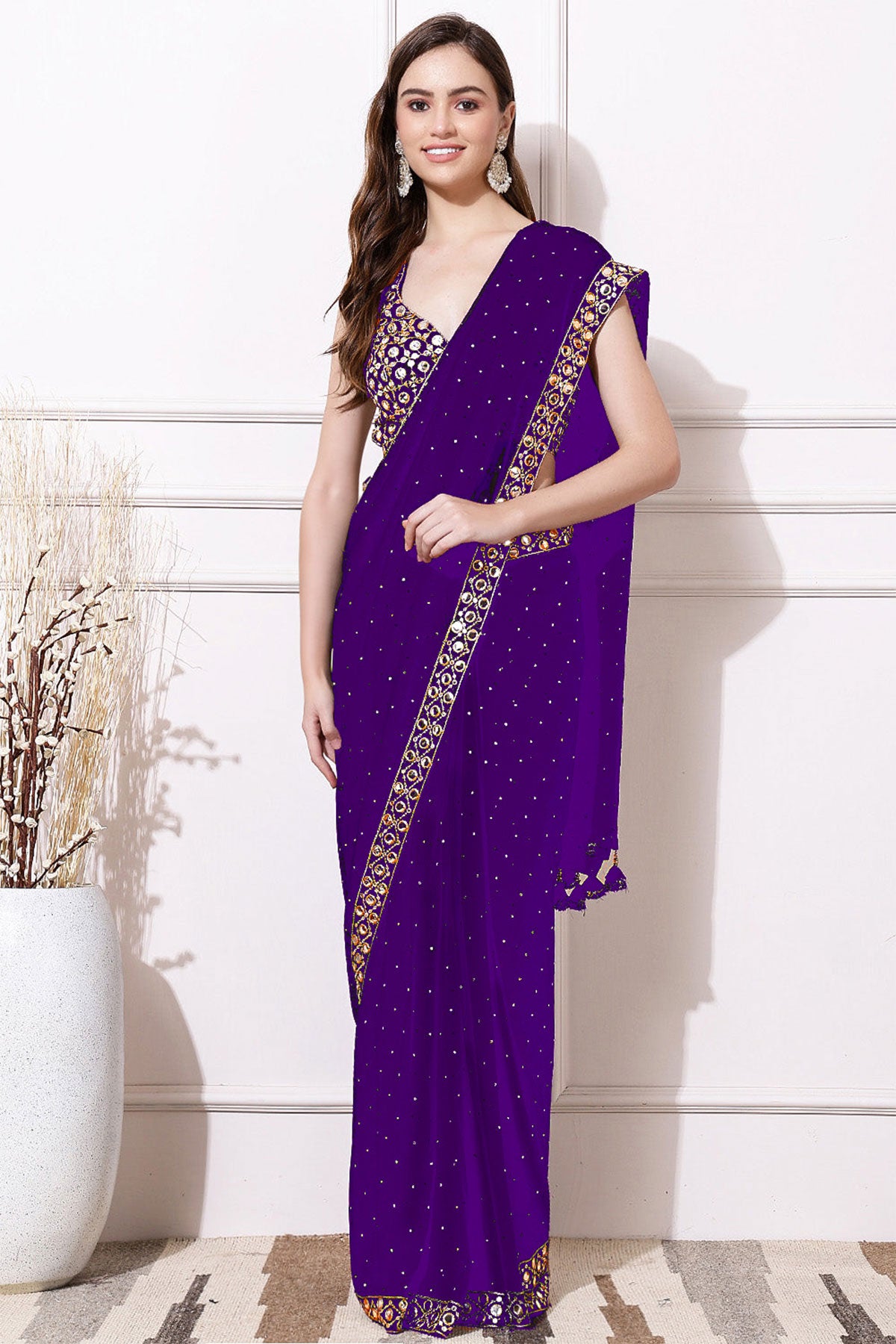 Purple Georgette Mirror Work Saree