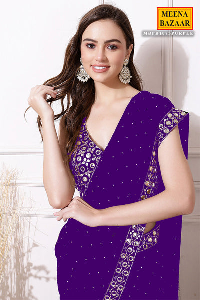 Purple Georgette Mirror Work Saree