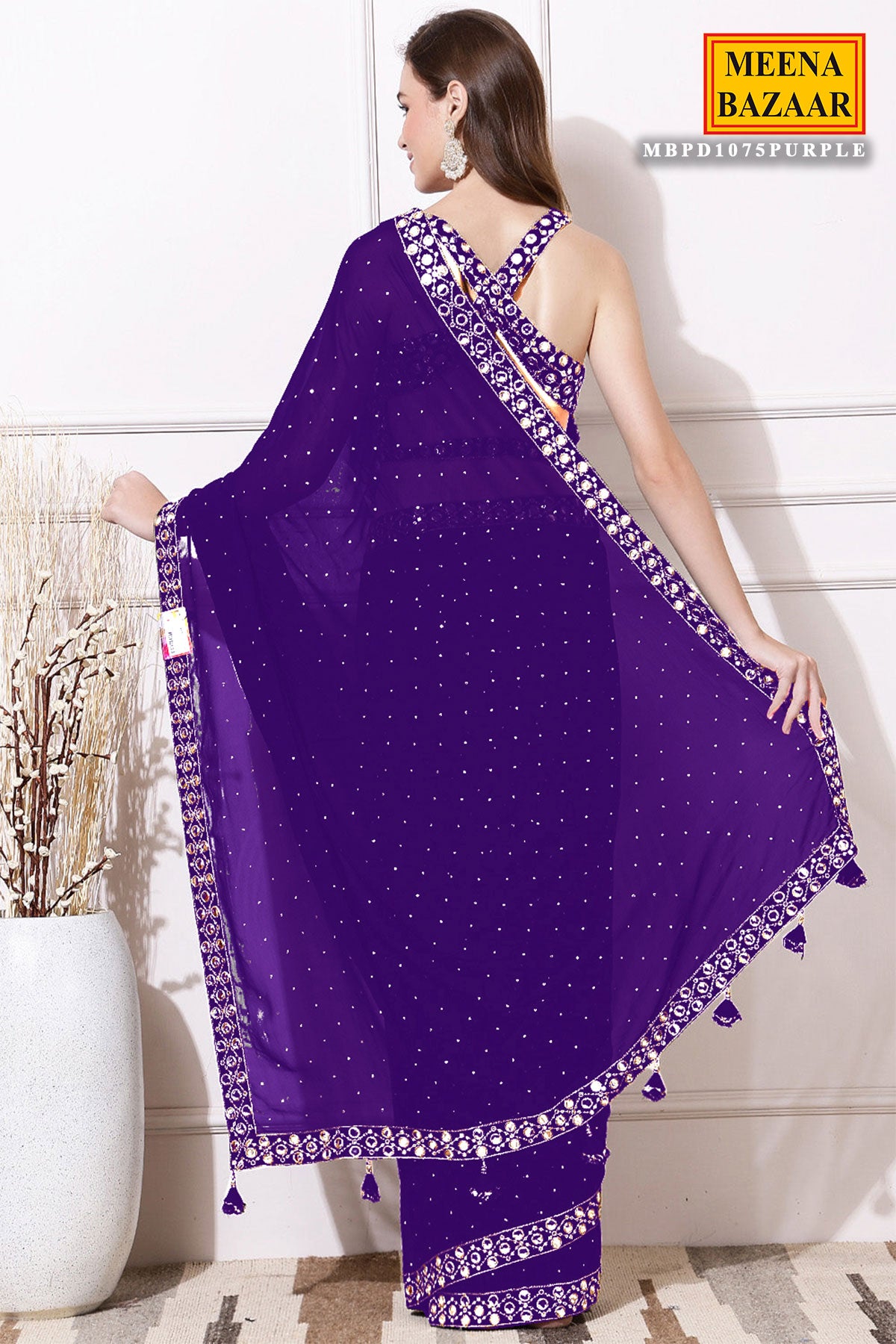 Purple Georgette Mirror Work Saree