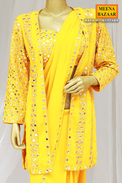 Mustard Georgette Mirror Work Pre Stitched Saree With Jacket
