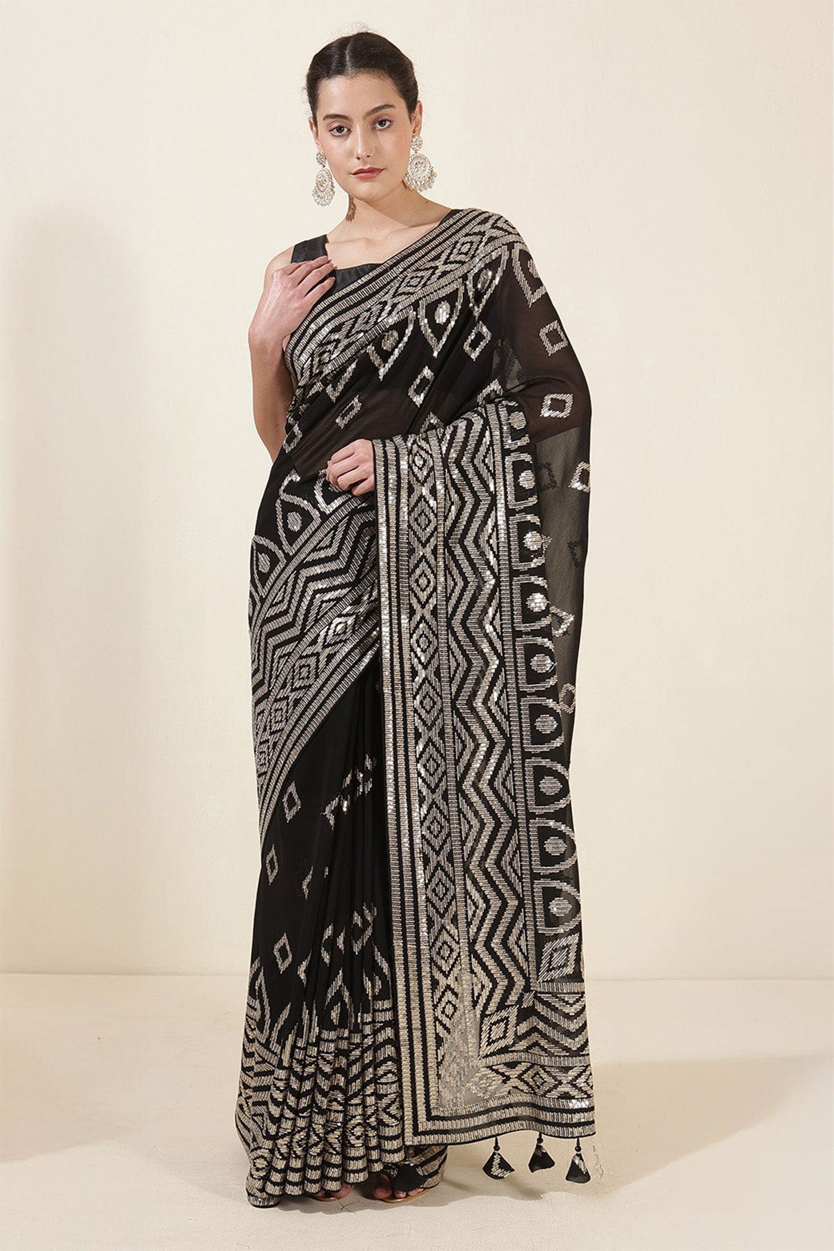 Zari Sequin Embrodiered Black Georgette Saree
