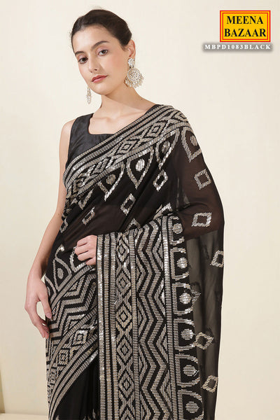 Zari Sequin Embrodiered Black Georgette Saree