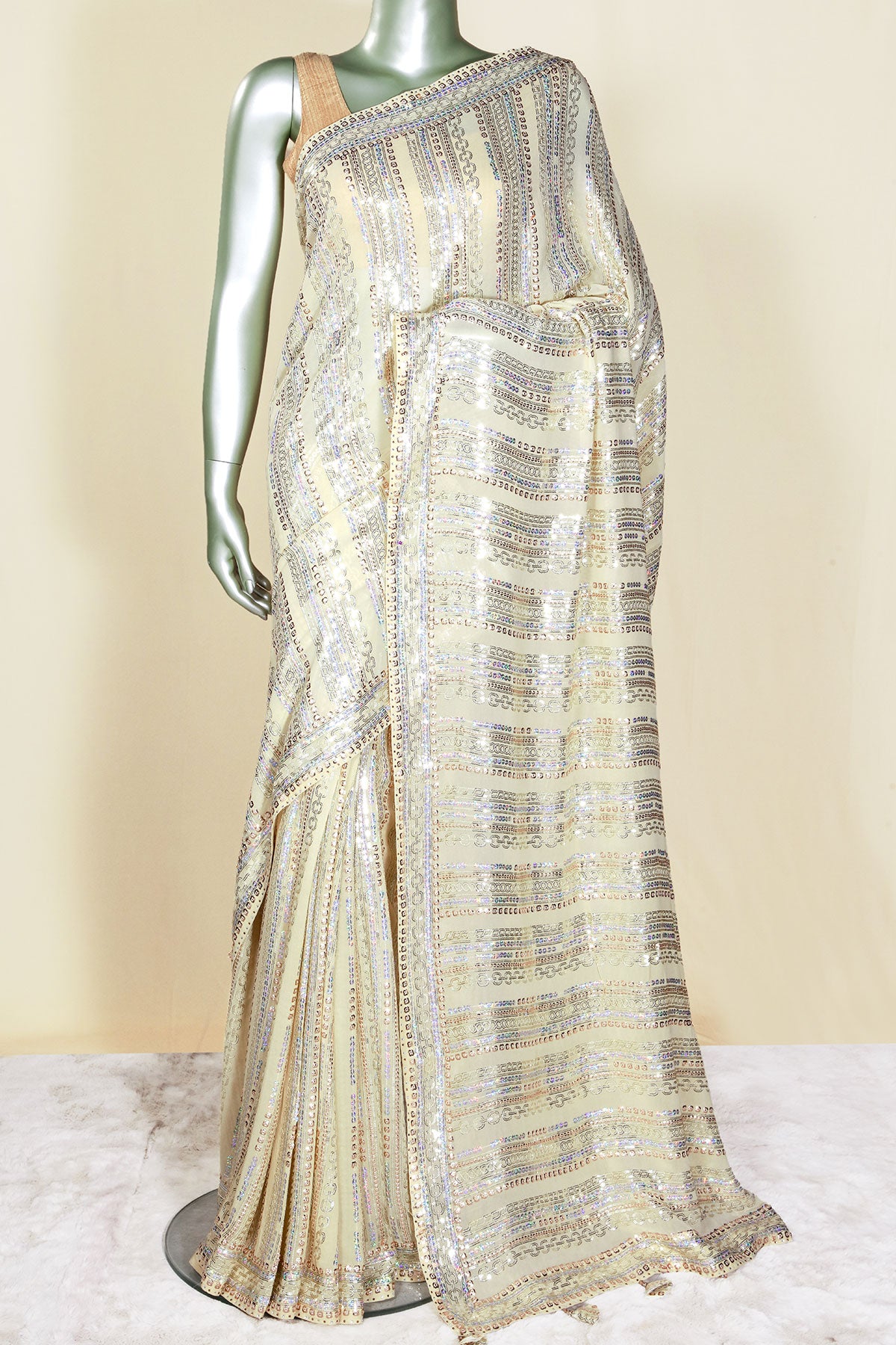 Cream Georgette Sequin Work Saree Sequins Designer Party Wear Saree