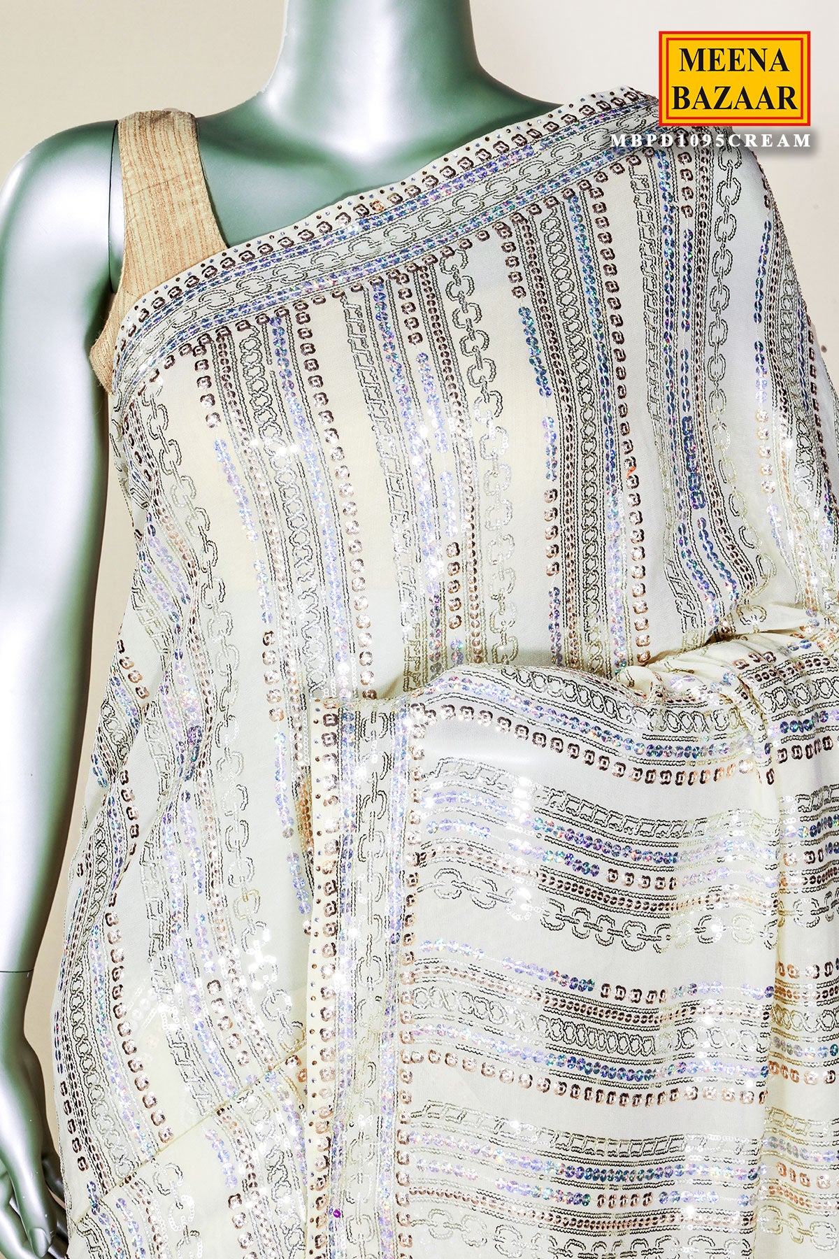 Cream Georgette Sequin Work Saree Sequins Designer Party Wear Saree