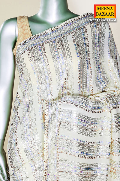 Cream Georgette Sequin Work Saree Sequins Designer Party Wear Saree