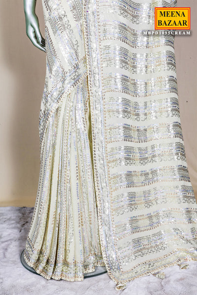 Cream Georgette Sequin Work Saree Sequins Designer Party Wear Saree