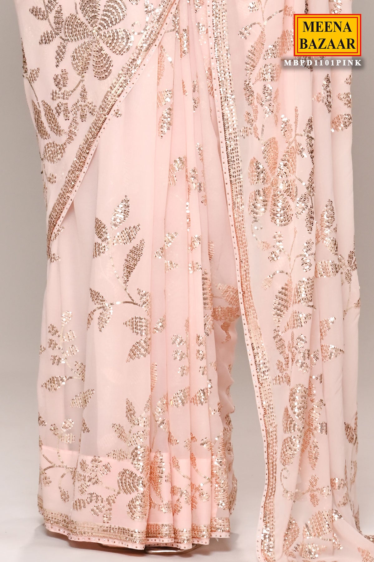 Light Pink Floral Sequin Embroidered Georgette Saree