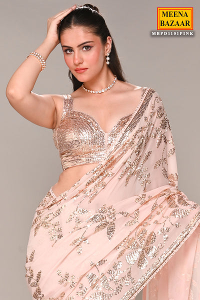 Light Pink Floral Sequin Embroidered Georgette Saree