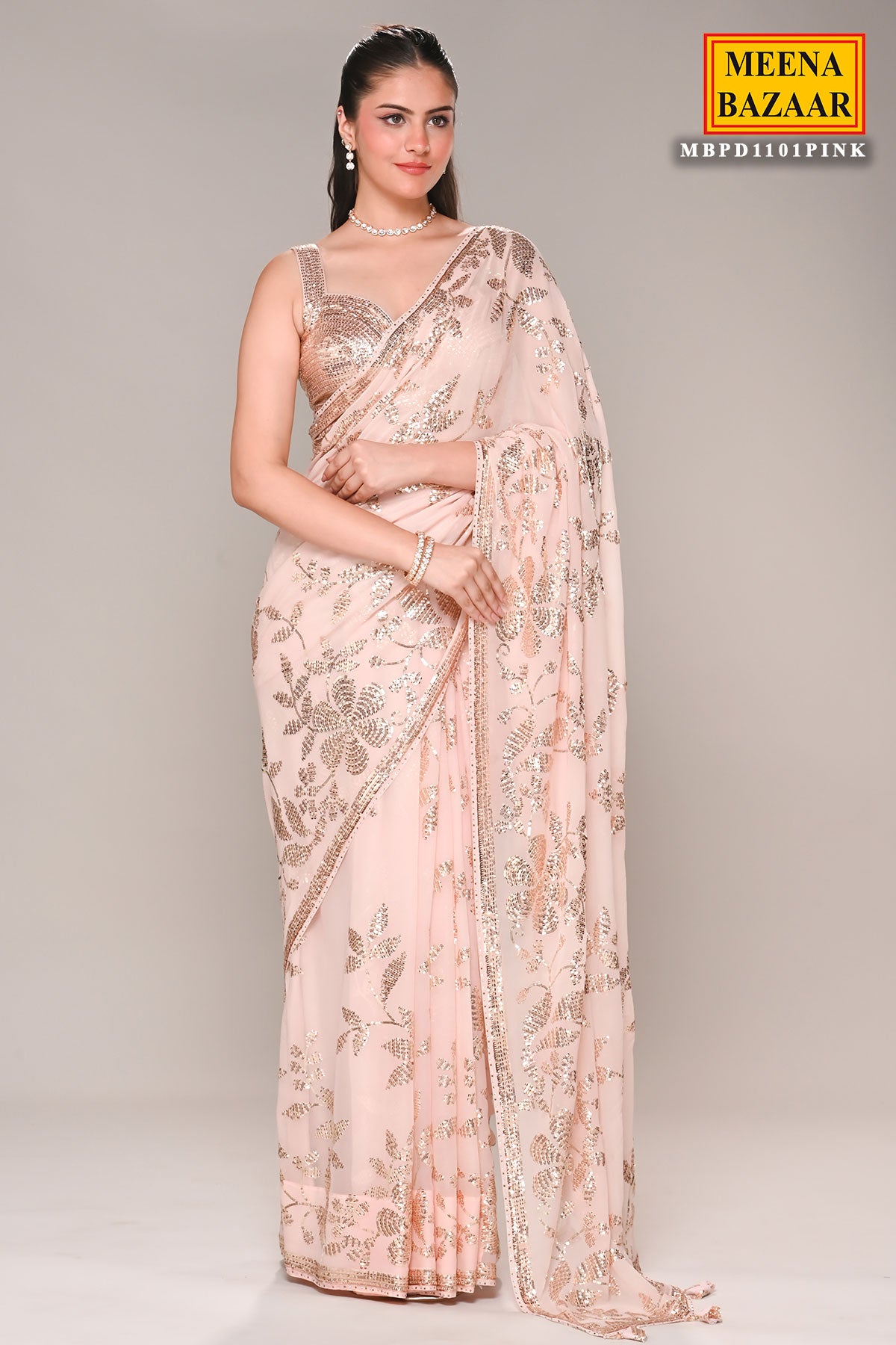 Light Pink Floral Sequin Embroidered Georgette Saree
