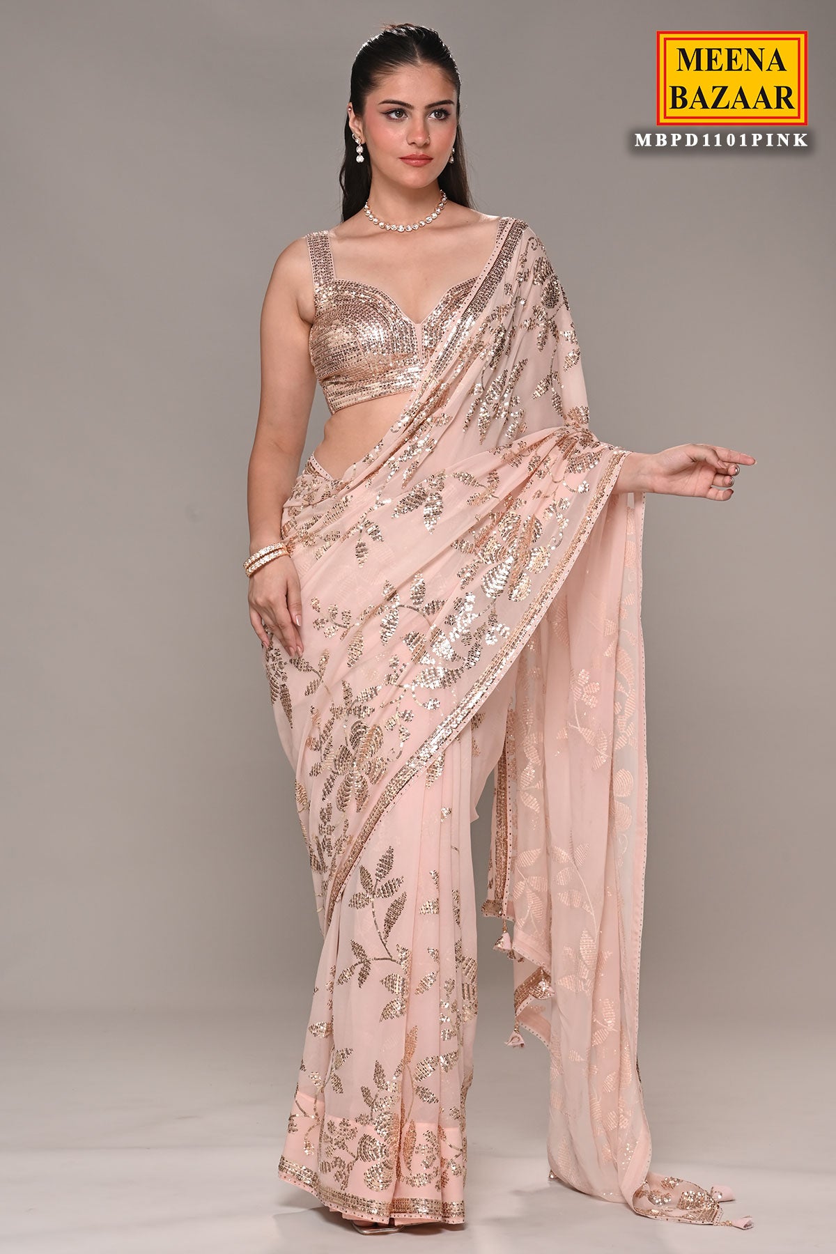 Light Pink Floral Sequin Embroidered Georgette Saree