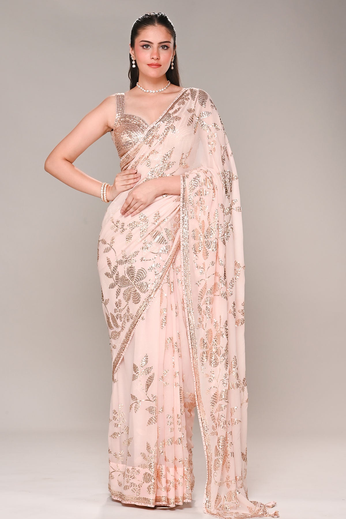 Light Pink Floral Sequin Embroidered Georgette Saree