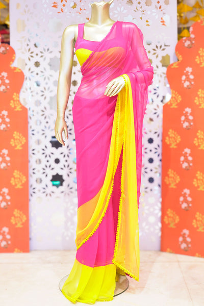 Pink-Yellow Celebrity-Styled Printed Chiffon Blend Saree