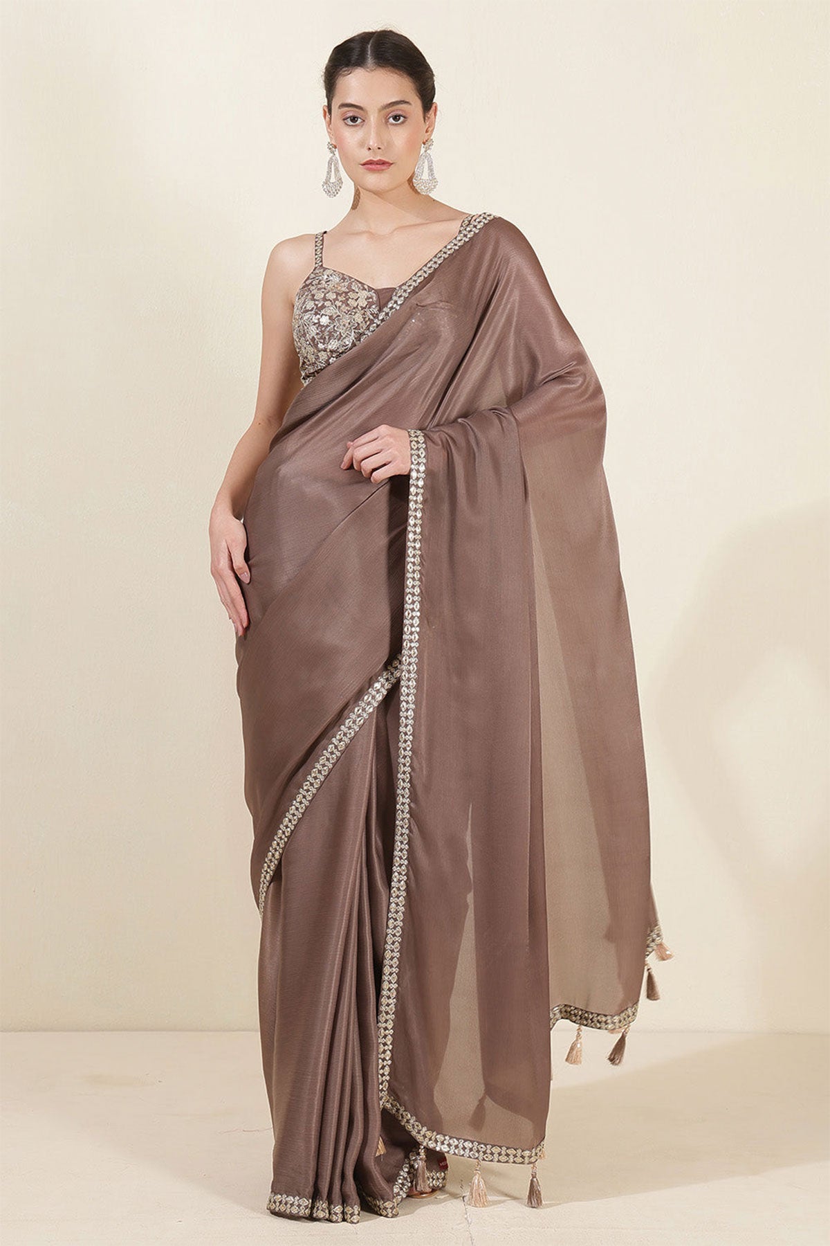 Brown Crepe Silk Saree With Readymade Embroidered Blouse