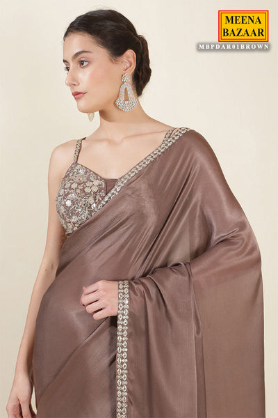 Brown Crepe Silk Saree With Readymade Embroidered Blouse