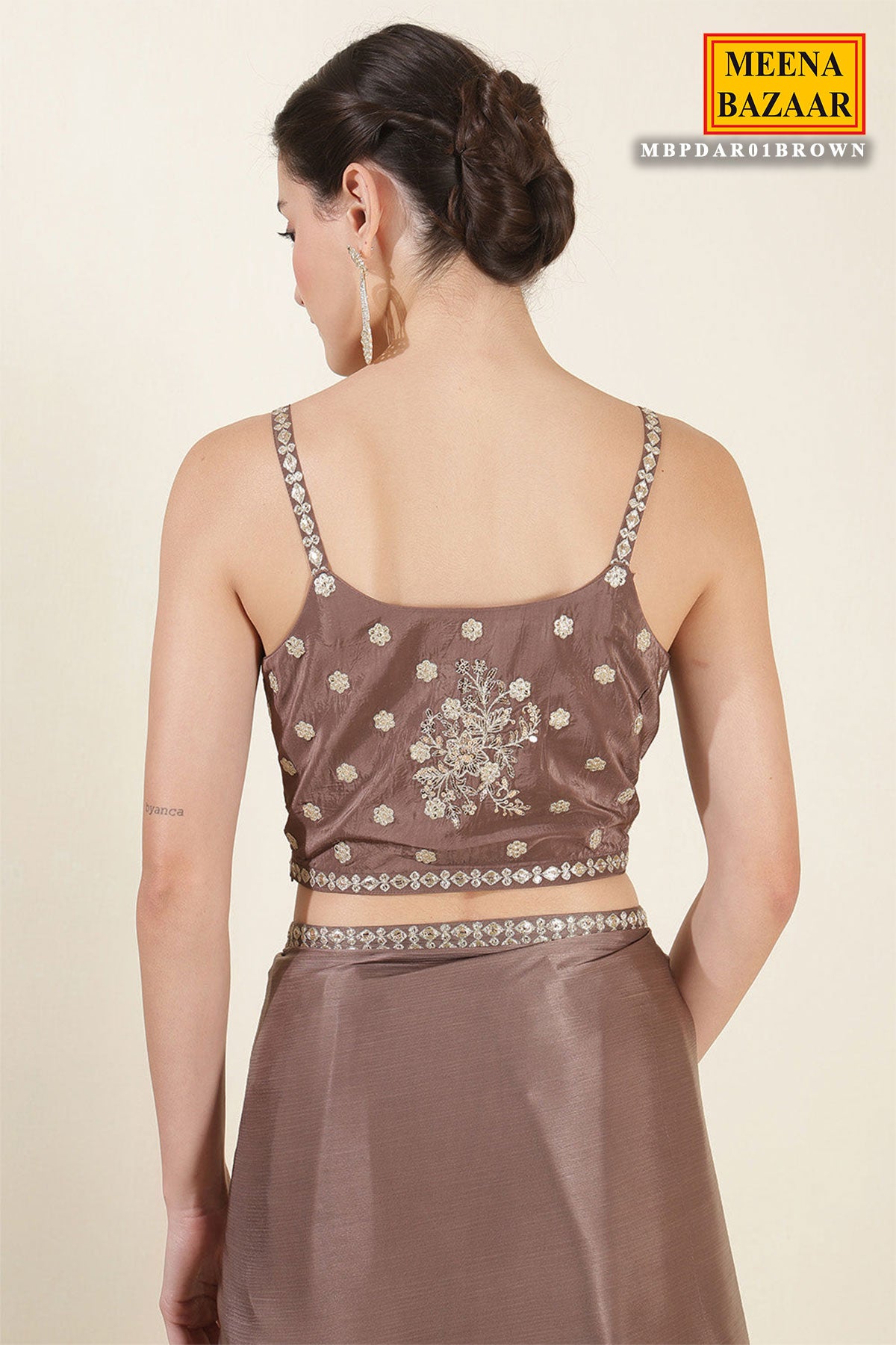 Brown Crepe Silk Saree With Readymade Embroidered Blouse