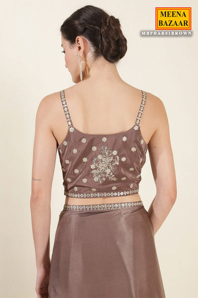 Brown Crepe Silk Saree With Readymade Embroidered Blouse