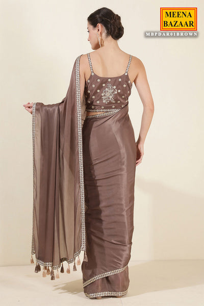 Brown Crepe Silk Saree With Readymade Embroidered Blouse