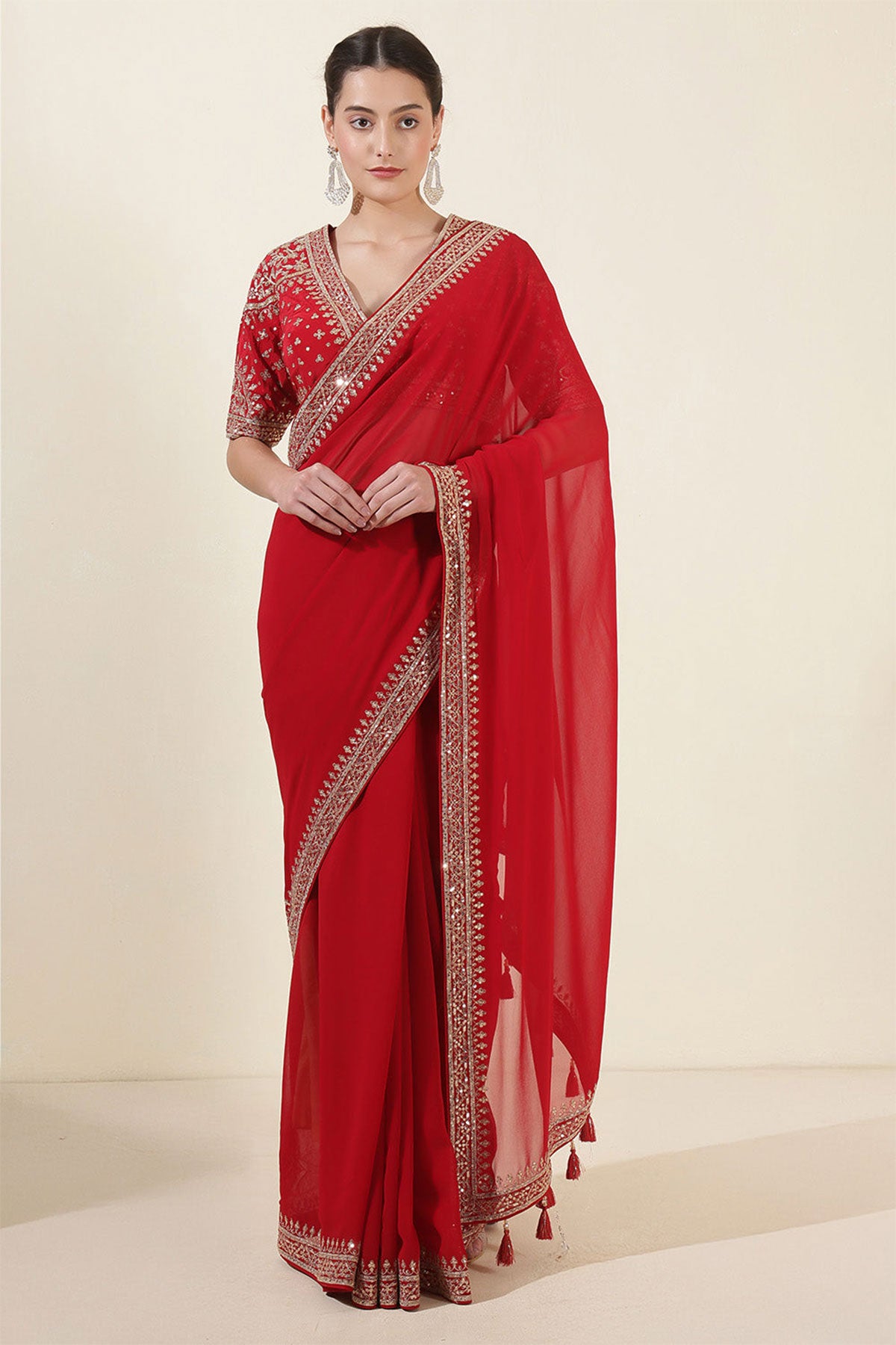 Red Georgette Zari, Sequins Embroidered Saree With Ready To Wear Blouse