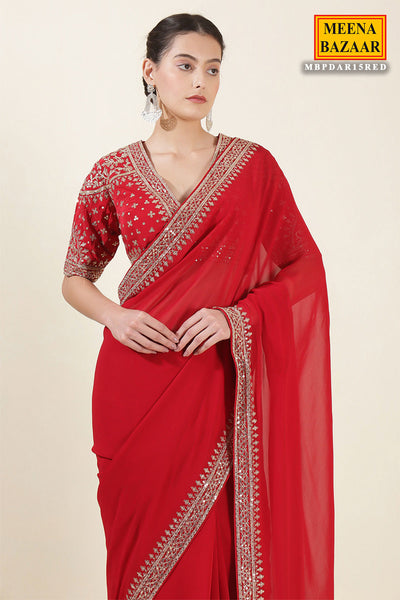 Red Georgette Zari, Sequins Embroidered Saree With Ready To Wear Blouse