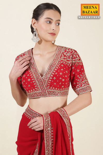 Red Georgette Zari, Sequins Embroidered Saree With Ready To Wear Blouse